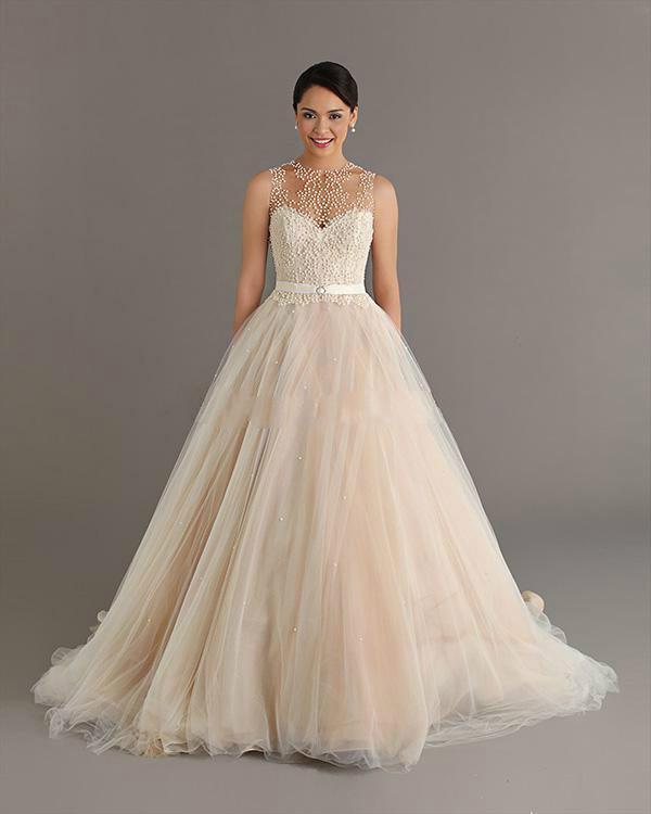 Wedding - 2015 Crew Neck Sheer Neck Beads Pearls Empire Ball Gown Wedding Dresses In China Tulle Sash Sleeveless Ivory Cheap Price Bridal Gowns from Hjklp88,$141.52 