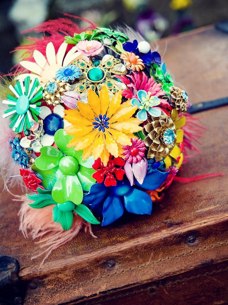 زفاف - NEW - NEON FALL - Vintage Inspired Bridal Bouquet With Vintage Floral Brooches And Earrings,Ribbon, Marabou And More