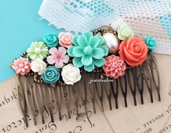 Mariage - Coral Mint Green Wedding Bridal Accessories Floral Hair Comb Peach Pink Teal Blue Turquoise Aqua Flower Collage Romantic Modern Victorian