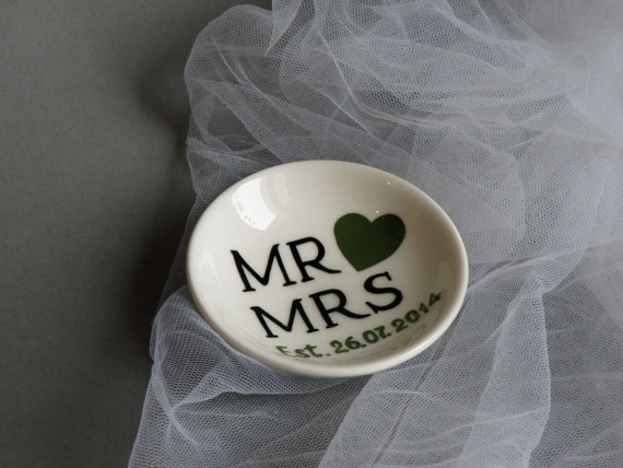Hochzeit - Hand painted Wedding Ring Pillow Alternative , Wedding Ring Dish Mr and Mrs text and dark green heart