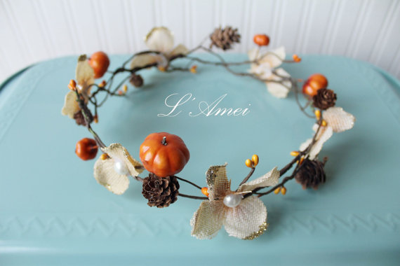 Hochzeit - Golden Flower & Pumpkin Fall Wedding Hair Accessory Bridal Circlet Wreath