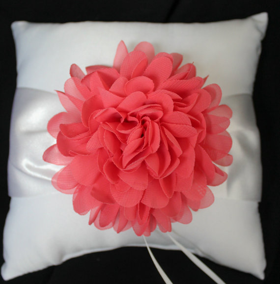 Hochzeit - Ivory or White Ring Bearer Pillow Chiffon Chrysanthemum in CORAL