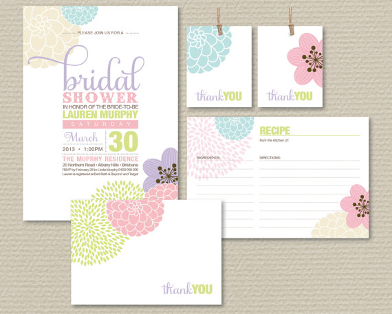 زفاف - Printable Bridal Shower Invitation Party Pack - Modern flower design, soft pastel colours (PP06)