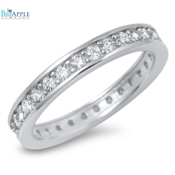 Wedding - Solid 925 Sterling Silver 3mm Wedding Engagement Anniversary Full Eternity Stackable Band Ring Round Channel Setting Russian Diamond Ice CZ
