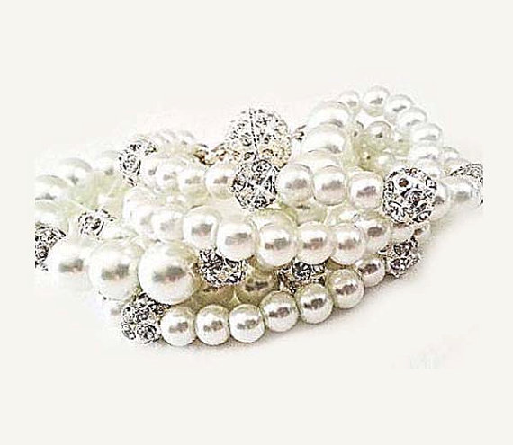 Hochzeit - Bridal Bracelet Pearl Bracelet, Pearl Rhinestone Bracelet, Bridal Braclets, Bridal Cuff Bracelet, Gatsby Wedding Jewelry Chunky Statement