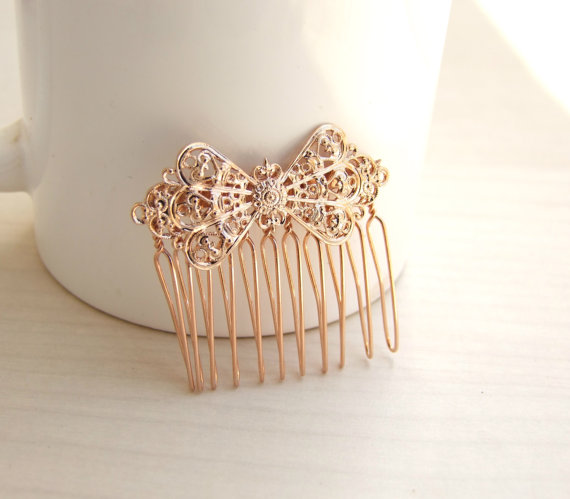 Свадьба - Rose Gold Hair Comb, Bridal Hair Comb,Bow Hair Comb, Romantic Gold Comb,Wedding  Hair Accessories, Vintage Hairpiece