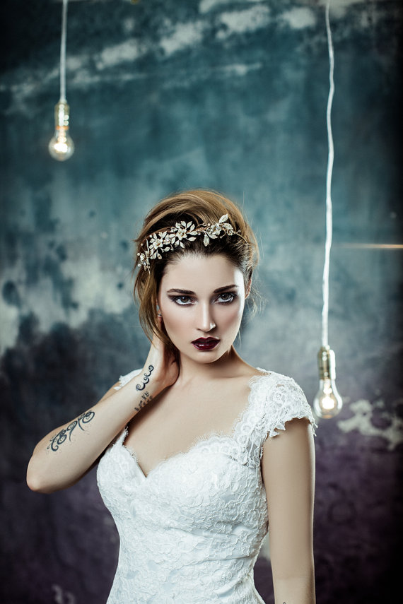 Mariage - SALE- Gold bridal headpiece, bridal headband, crystal and enamel headpiece, bridal hair accessory, crystal pearl headpiece
