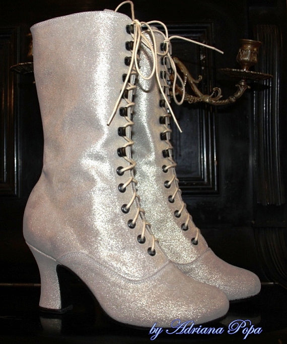 زفاف - Wedding Shoes Bridal Victorian Boots  Lace up  White Glitter Ankle Boots ORDER your customized  size