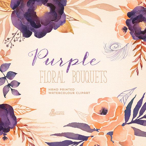 Wedding - Purple Floral Bouquets: Digital Clipart Pack. Hand painted, watercolour flowers, wedding diy elements, flowers, invite, printable, blossom