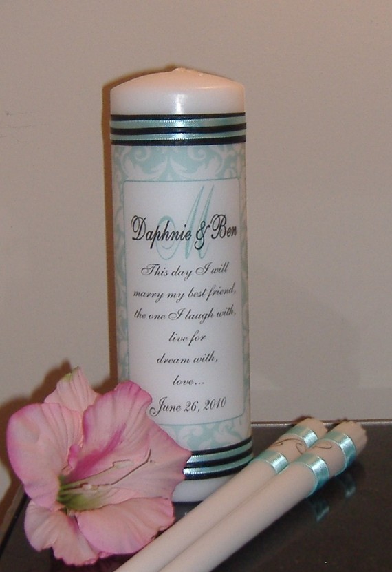 Свадьба - Tiffany or Teal Damask Unity Candle Set - three piece - your choice of ribbon trim color