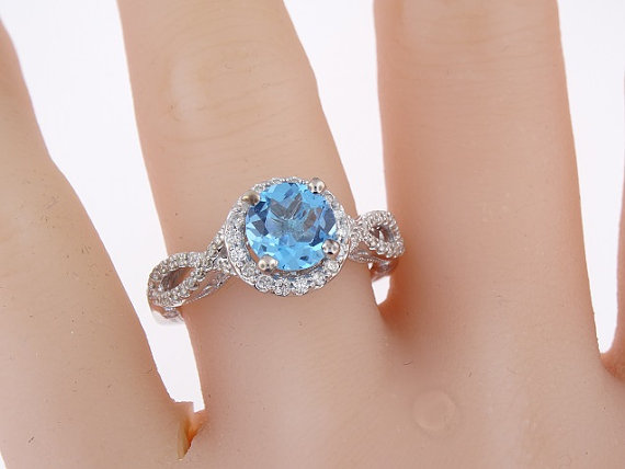 Hochzeit - 14K White Gold Diamond and Natural Blue Topaz Engagement Ring - SJ1796WHBT
