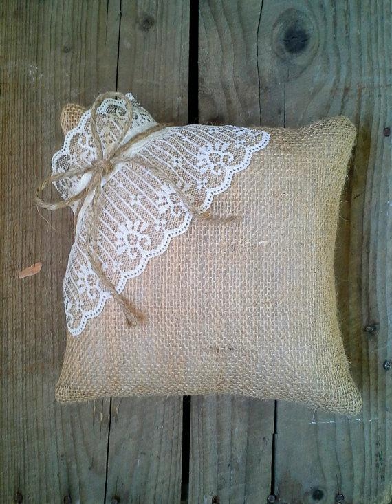 زفاف - 8" x 8" Natural Burlap Ring Bearer Pillow w/ Lace & Jute Twine- Rustic/Country/Shabby Chic/Folk/Wedding