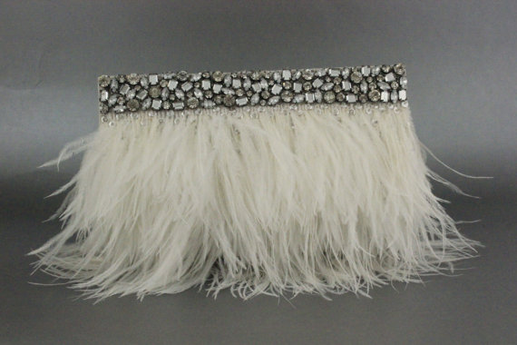 Hochzeit - NAOMI Feather Bridal Clutch-  Ivory Cream Feather Rhinestone Wedding Handbag from Camilla Christine