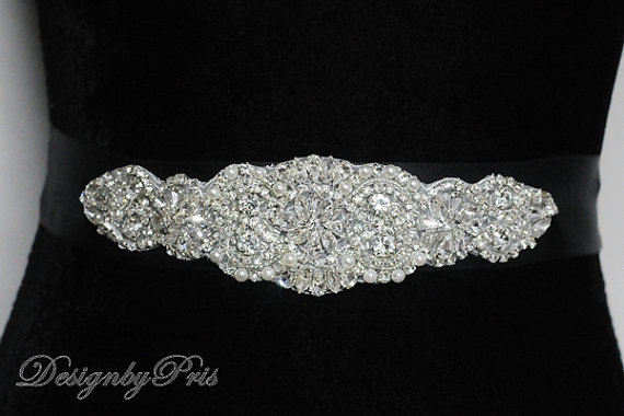 Wedding - SALE  Beaded Silver Rhinestone Pearls Ribbon Sash Wedding Accessories Rhinestone Applique Sash ~ Kaelyn