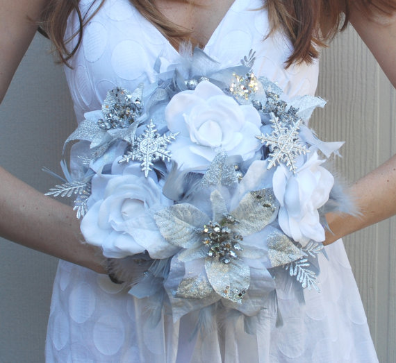 Wedding - DRAMATIC Winter Wonderland Feathers & Flowers Bridal Bouquet White Silver Snowflake BLING WEDDING Feather Poinsettia Rose Bride Bouquets