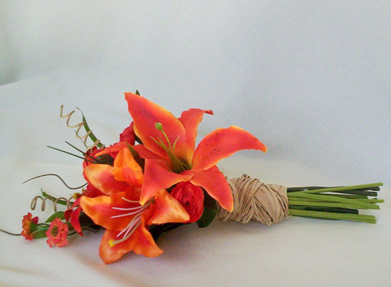Mariage - 2015 Destination Wedding Flowers artificial Orange Tiger Lily bouquet Made in Michigan bridal party acessories bridesmaid mens boutonnier
