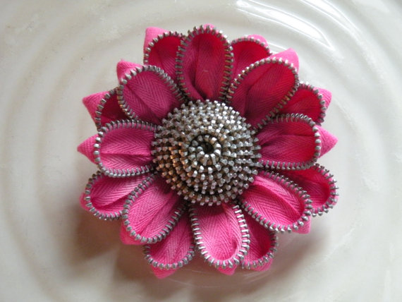 Hochzeit - Pink Vintage Recycled Zipper Brooch or Hair Clip
