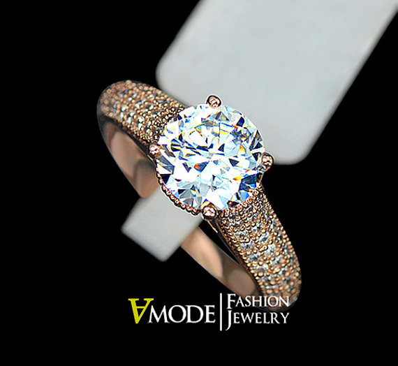 زفاف - Engagement Ring 2 Carat Round Cut Cubic Zirconia Side Micro Pave Rose Gold Simulated Diamond Bridal Ring Wedding Ring Gift, AJR0120A