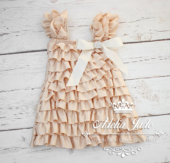 Hochzeit - Ruffle Baby Dress, Cream Flower Girl Dress, Satin Ruffle Petti Dress, Little Girl Lace Ruffle Dress, Ivory Toddler Lace Dress,