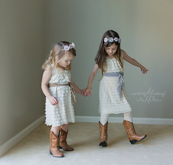 Wedding - Size 3T Ready to Ship Ivory Ruffle Dress with Silver Sash - Flower Girl Dress - Wide Straps/Cap Sleeves, 1 Inch Ruffles