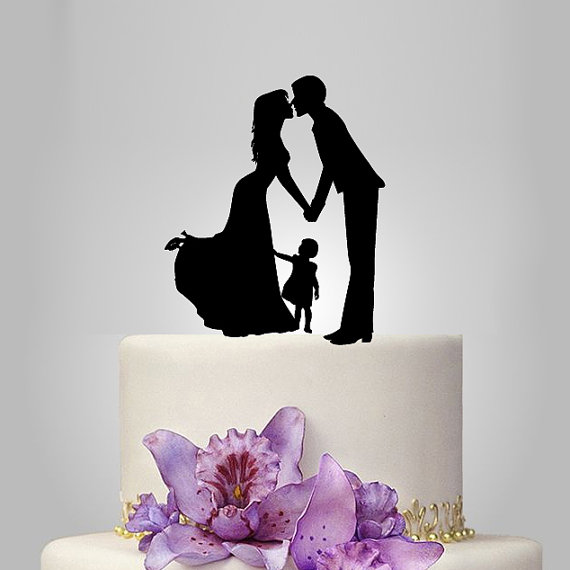 Wedding - acrylic Wedding Cake Topper Silhouette,  Bride and Groom and little girl topper, happy family wedding cake topper,