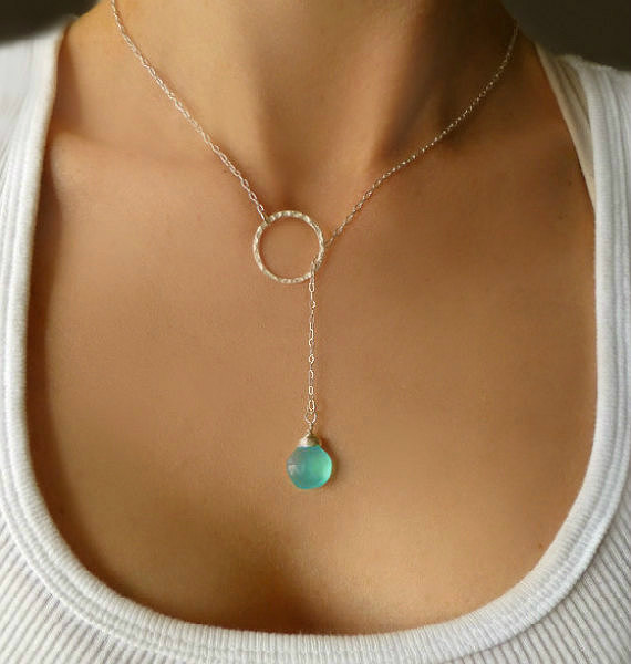 Hochzeit - Silver Lariat Necklace - Aqua Chalcedony Necklace - Long Beaded Lariat - Silver Hoop Necklace - Gemstone Bridesmaid Necklace - Bridal Gift