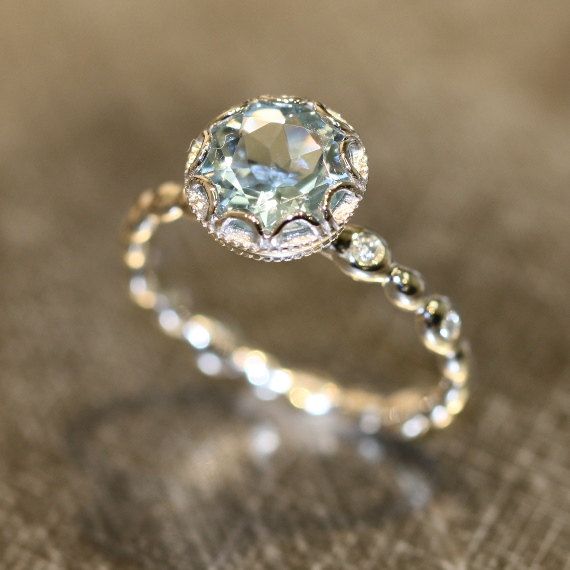 زفاف - Floral Aquamarine Engagement Ring In 14k White Gold Diamond Pebble Ring 8x8mm Round Natural Aquamarine Ring (Bridal Set Available)