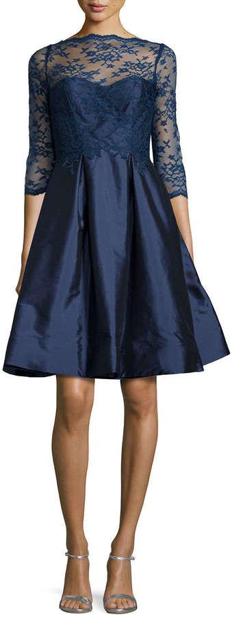Свадьба - Monique Lhuillier Bridesmaids 3/4-Sleeve Lace-Bodice Full-Skirt Short Dress, Navy