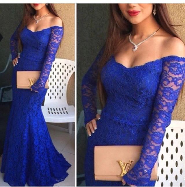 Hochzeit - Royal Blue Formal Evening Dresses Mermaid Lace Long Sleeve Illusion Sexy Scoop Fashion Floor Length Prom Party Celebrity Dress Gowns Online with $123.72/Piece on Hjklp88's Store 