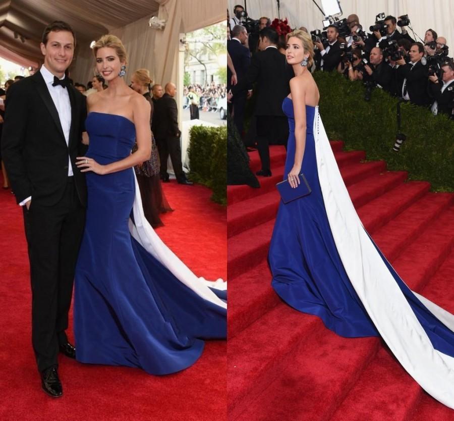 Mariage - 2015 Jared Kushner Met Ball Evening Dress Court Train Blue And White Special Occasion Dress Red Carpet Long Party Prom Sleeveless Satin Online with $128.17/Piece on Hjklp88's Store 
