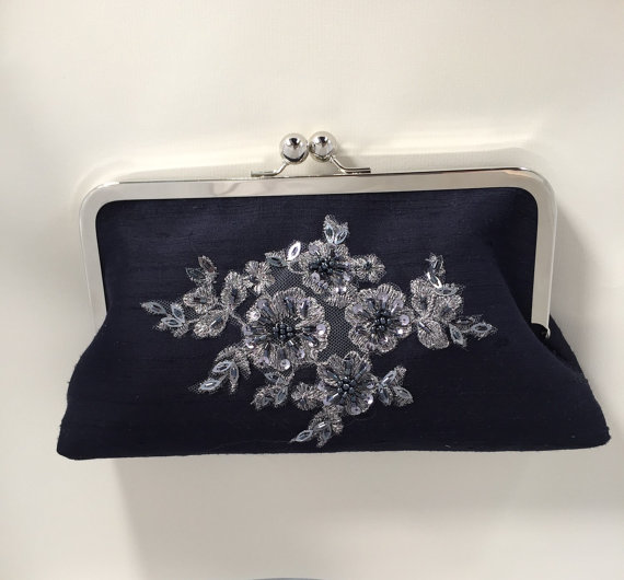 Hochzeit - Navy silk clutch, wedding purse, cocktail purse, silver beaded bridal clutch, handmade purse, custom clutch