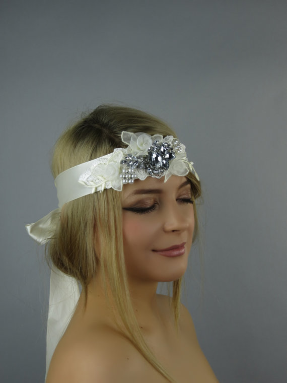 Hochzeit - Ivory Bridal Headband Sash Wedding Flower Sash Wedding Accessory Brooches