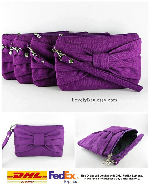 Wedding - SUPER SALE - Set of 10 Eggplant Purple Bow Clutches - Bridal Clutches, Bridesmaid Clutch, Bridesmaid Wristlet, Wedding Gift - Made To Order