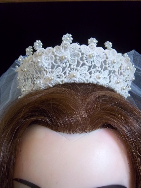 Hochzeit - Bridal Crown with Attached Veil - Lace with Pearl Beads - Gorgeous Vintage Wedding Dress Accessory