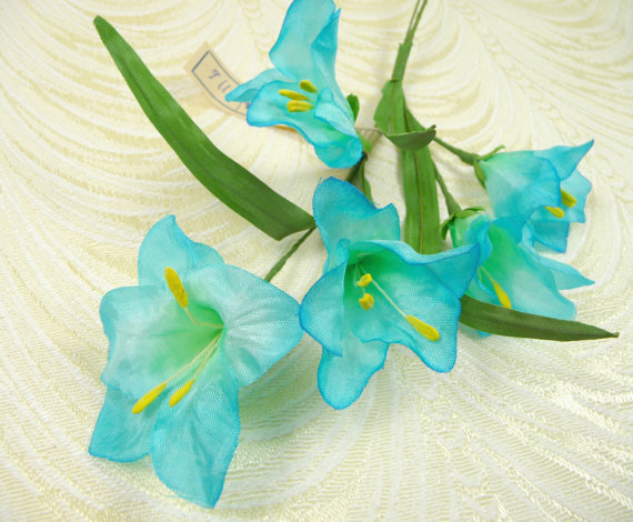 Wedding - Vintage Millinery Flowers Aqua Turquoise Silk Freesia Lilies Spray of Five NOS from Germany for Hats, Bouquets, Corsages, Wedding