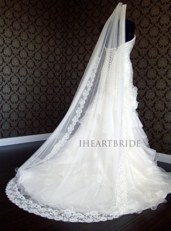 زفاف - Alencon Lace French Eyelash Lace & Soft Silk Tulle Bridal Veil by IHeartBride V-AS72 Eclaire - Double Border Lace Edge Luxury Veil