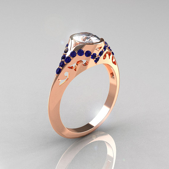 زفاف - Classic 14K Rose Gold Oval White and Blue Sapphire Wedding Ring, Engagement Ring R194-14KRGBSNWS