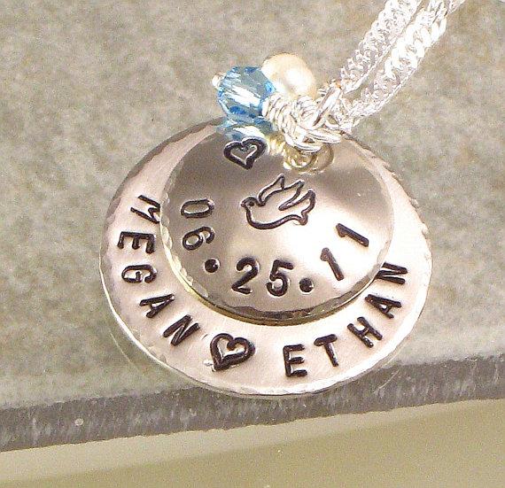 Wedding - Hand Stamped Necklace - Something Blue Bridal and Bouquet Charm - Layered Discs with Dove - Date of Wedding - Anniversay -  Bride and Groom