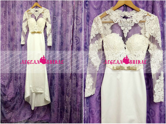 Hochzeit - RW607 Elegant Lace Wedding Dress with Metal Belt Mermaid Bridal Dress with Open Back Sheer Long Sleeve Wedding Gown Bridal Gown Inbuilt bra