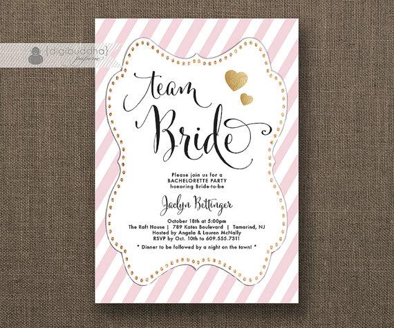 Hochzeit - Team Bride Blush Pink Bachelorette Party Invitation Gold Glitter Heart Modern Script Bridal Hens Lingerie DIY Printable or Printed - Jaclyn