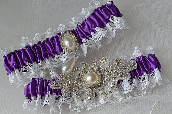 Hochzeit - Wedding Garter, Bridal Garter Set Purple With White Raschel Lace And Rhinestone Embellishments