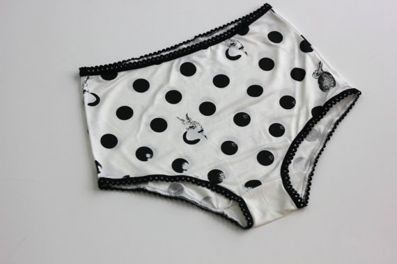 زفاف - White Polkadot print panties  / handmade bunny print high waist underwear / retro lingerie