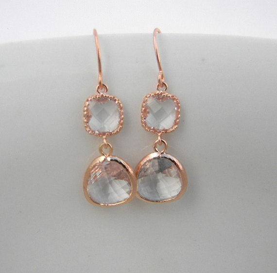 Mariage - Clear Crystal Earrings Trimmed in Rose Gold - Bridesmaid Earrings - Dangle Earrings- Wedding-Bridesmaid Gift - Rose Gold Jewelry - Gift