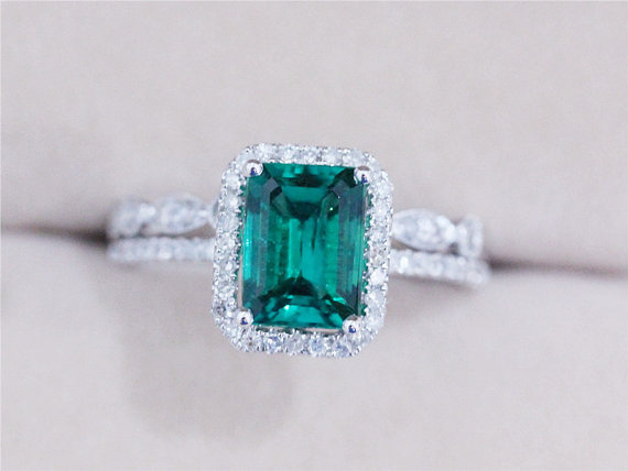 Wedding - Discount 2.33ct Emerald Ring with Diamond Matching Band Wedding Ring Set 14K White Gold Emerald Engagement Ring