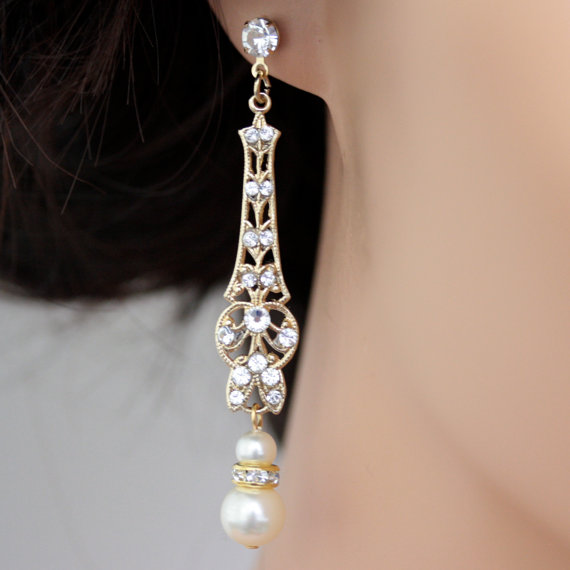 Mariage - Gold Bridal Earrings, Long Pearl and Rhinestone Filigree Earrings, Wedding Jewelry, MARCELLA fine