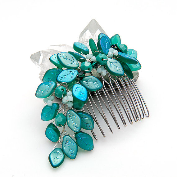 Mariage - Teal Bridal Hair Comb with Leaves, Teal Leaf Hair Comb, Teal Bridal Hair Accessories,  Wedding Accessories, Teal Hair Fastener