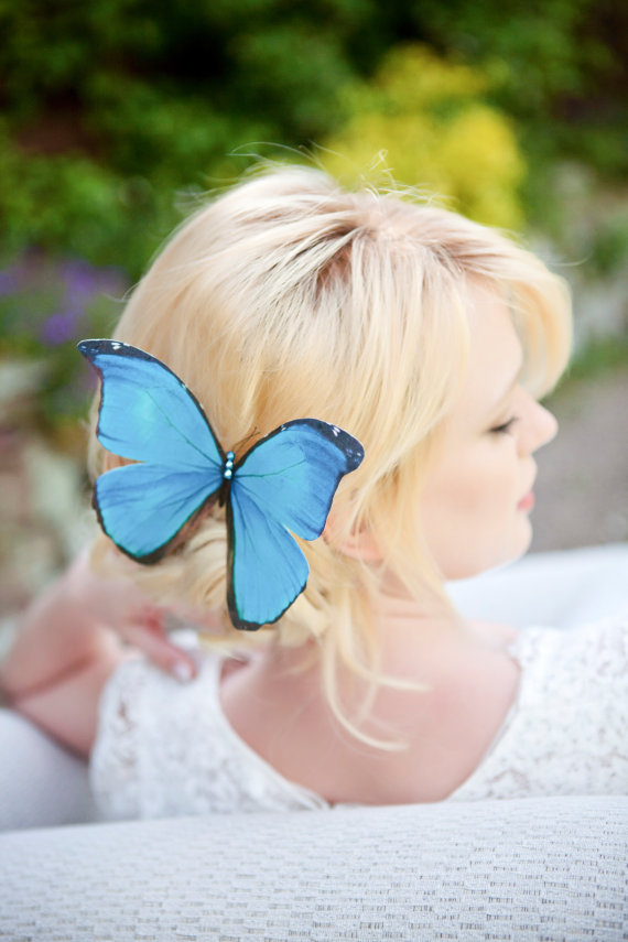 Mariage - Hand Cut silk butterfly hair clip - Large Blue Morpho A fabulous Statement fascinator for weddings