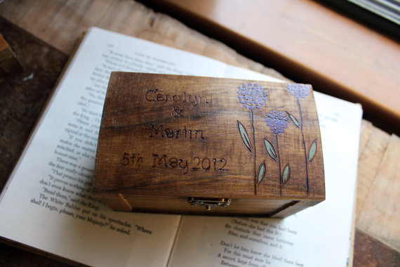 Wedding - Rustic Woodburned Ring Bearer Box - Allium