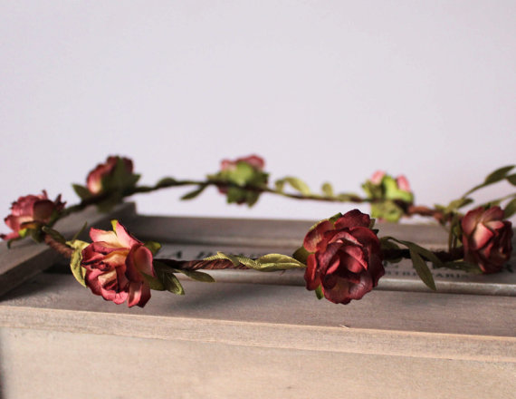 Hochzeit - Mulberry Rose Floral Crown, Festival Halo Flower Girl Garland, Wine Flower Garland, Wedding Headband, Plum Flower Crown