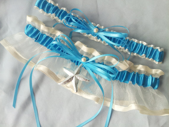 Hochzeit - Beach Wedding Garter Starfish Garter Set Ivory Sheer Organza Turquoise Blue Ivory Stain Wedding Bridal